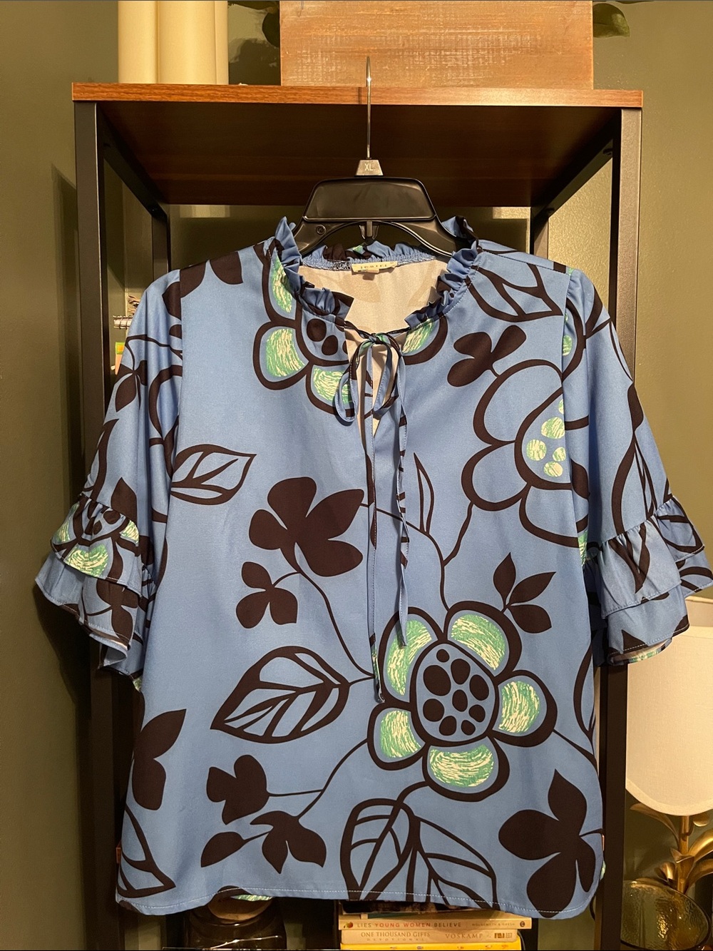 JODIFL Blue Floral Ruffle-Tie Neck Blouse